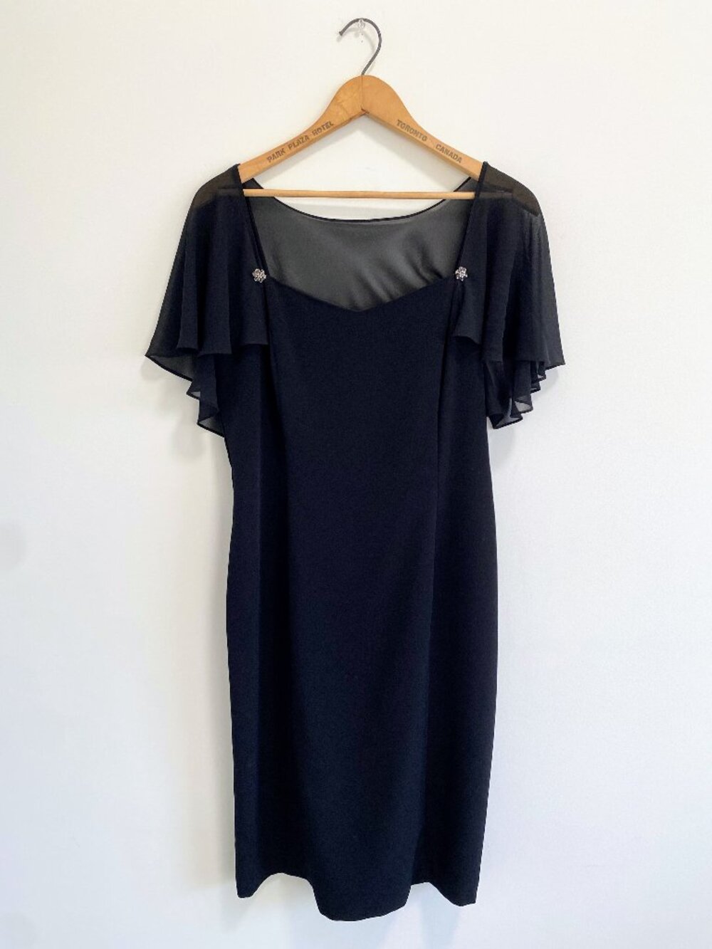 Vintage Little Black Dress w/ Flutter Sleeve + Gem Accent / 90s / Made in Canada